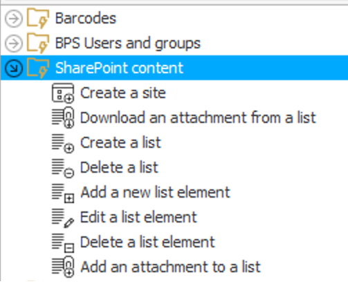 The image shows list of all available SharePoint actions